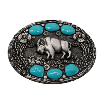 Men buffalo ox silver metal buckle bull turquoise blue western statement