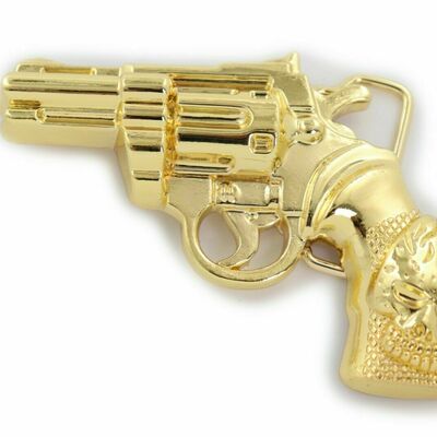 Men fashion belt buckle gold metal western pistol revolver gun weapon fire skull