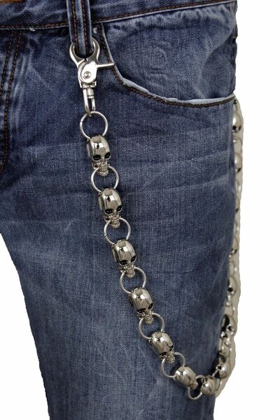 Men Fashion Silver Metal Long Wallet Skull Charm Chain KeyChain Punk Rocker