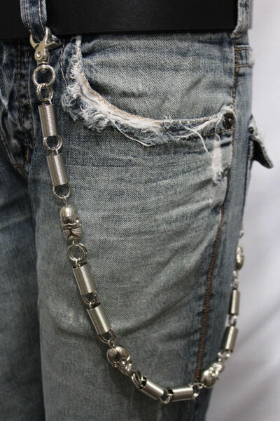 Men Silver Long Wallet Chains Metal KeyChain Spacers Jeans Springs Skulls Charms