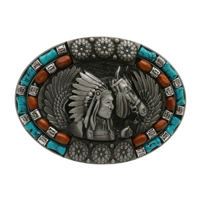 Men silver metal buckle western native indian warrior horse jeans pant accessory