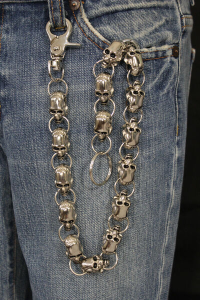 Men Silver Metal Jeans Chains Wallet Keychain Punk Rocker Big Skeleton Skulls
