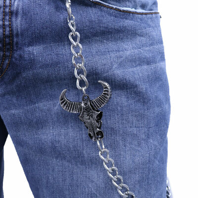 Men silver metal wallet chain fashion keychain long horns bull skull cow charm