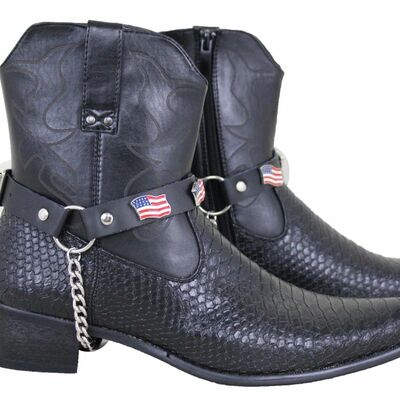Men usa flag metal silver chains fashion western shoe boots black strap america