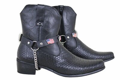 Men USA Flag Metal Silver Chains Fashion Western Shoe Boots Black Strap America