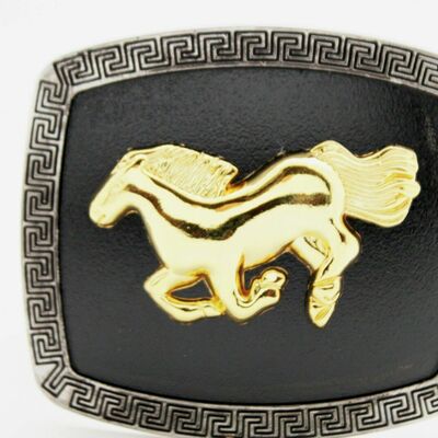 Men western belt buckle silver metal square cowboy gold rodeo horse black fabric