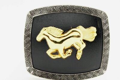 Men Western Belt Buckle Silver Metal Square Cowboy Gold Rodeo Horse Black Fabric