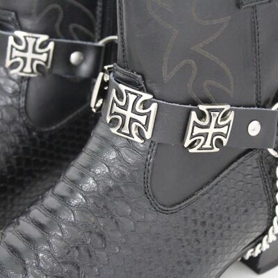 Men western boot silver chain black leather 2 straps bracelet cross charms biker