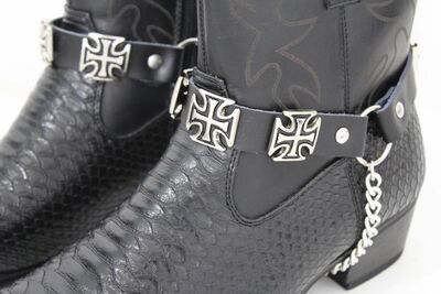 Men Western Boot Silver Chain Black Leather 2 Straps Bracelet Cross Charms Biker
