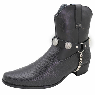 Men western boots bracelets silver chain black pair faux leather strap buffalo