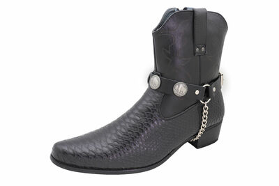 Men Western Boots Bracelets Silver Chain Black Pair Faux Leather Strap Buffalo