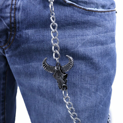 Men women silver color metal wallet chain keychain biker strong bull skull charm