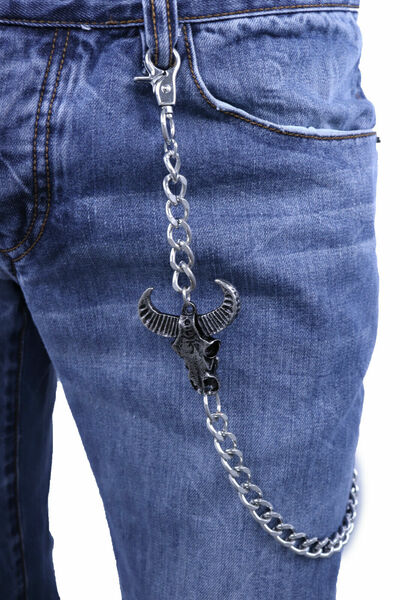Men Women Silver Color Metal Wallet Chain KeyChain Biker Strong Bull Skull Charm