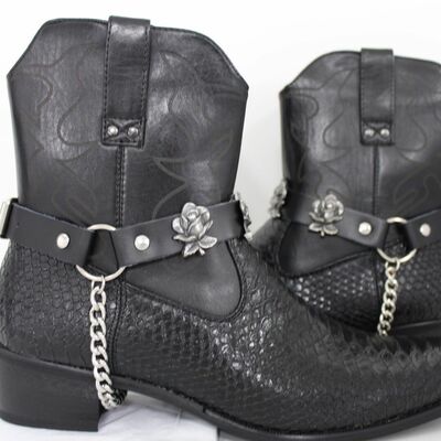 Men silver metal rose flower boot bracelet black 2 strap shoe charm bands