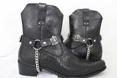 Men Silver Metal Rose Flower Boot Bracelet Black 2 Strap Shoe Charm Bands