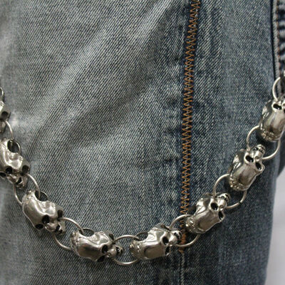Men women silver metal wallet chains round links sturdy jeans biker bold skulls