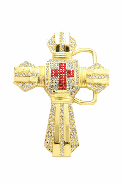 Men Women Western Fashion Belt Buckle Gold Metal Cross Biker Motorcycle Red Bold