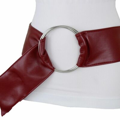 Party women fashion wide burgundy red wine belt hip high waist silver ring s m l