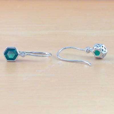 Sterling silver emerald hexagon earrings/emerald hook earrings/emerald jewellery/emerald jewelry/may birthstone/uk