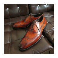 Made To Order Handmade Handcrafted Hand Painted Shoes for Mens Tailor Made Bespoke Tan Calf Shine Leather Lace-up Wingtip Oxford Men's Shoes - Thumbnail 4