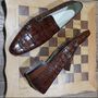 Men's Brown Alligator Skin Texture Leather Loafer Shoes, Handmade Double Monk Leather Dress Shoes-1