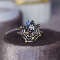 Web Predator- Natural Blue Sapphire Spider and Natural Yellow Sapphire Ring 925 Sterling Silver Ring September Birthstone US 6 1/4 or 6.25 - Thumbnail 3