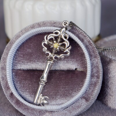 Vintage key pedant sterling silver pendant yellow sapphire pendant gift for wife for women for girlfriend for daughter september birthstone