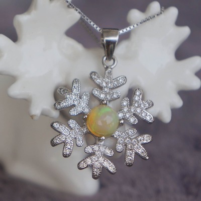 Snowflake --opal pendant round opal cab/gemstone pendant/play of color opal/ sterling silver october birthstone opal jewelry