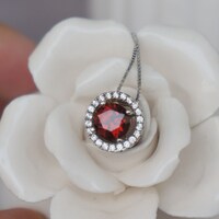 Natural Red Garnet Pendant Necklace 925 Sterling Silver Pendant Round Brilliant Faceted Topaz Gift for Girlfriend(free silver chain) - Thumbnail 1