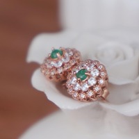Floral Design CZ Double Halo Natural Emerald Cab Earstuds 925 Sterling Silver Stud Earrings Plated in Pink Gold May Birthstone - Thumbnail 3