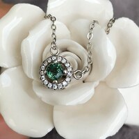 CZ Halo Natural Teal Sapphire Necklace 925 Sterling Silver Blue Green Sapphire 4mm Round Excellent Color and Brilliance Gift for Girls - Thumbnail 2