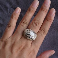 Artistic White Mother of Pear Ring 925 Sterling Silver Ring(US size 6.5) Natural White MOP Inlay Big Ring for Lady - Thumbnail 5