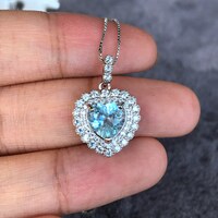 Elegant Double Halo Heart Shape Natural Aquarmarine Pendant 925 Sterling Silver Pendant for Girl(free silver necklace gift) - Thumbnail 6