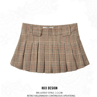 Retro school style belted casual plaid pleated skirt