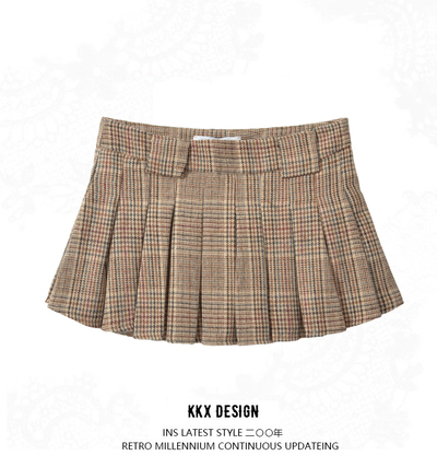 Retro school style belted casual plaid pleated skirt