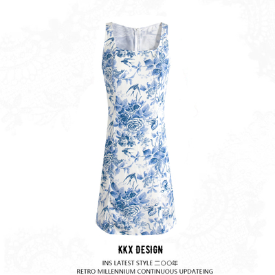 Retro style blue and white porcelain print sexy square neck sleeveless casual dress - Thumbnail 5