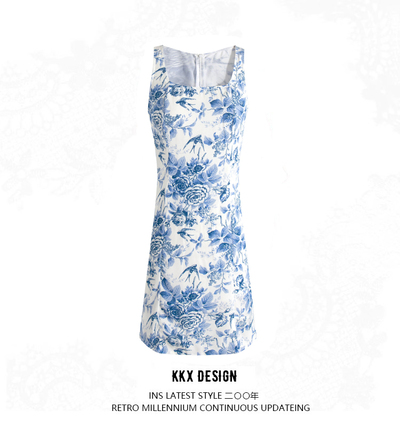 Retro style blue and white porcelain print sexy square neck sleeveless casual dress