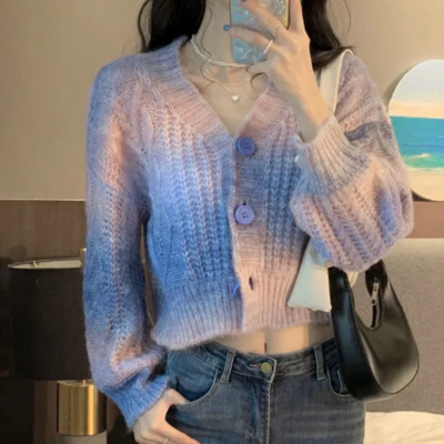 Gradient rainbow twist sweater cardigan v-neck short knitted sweater