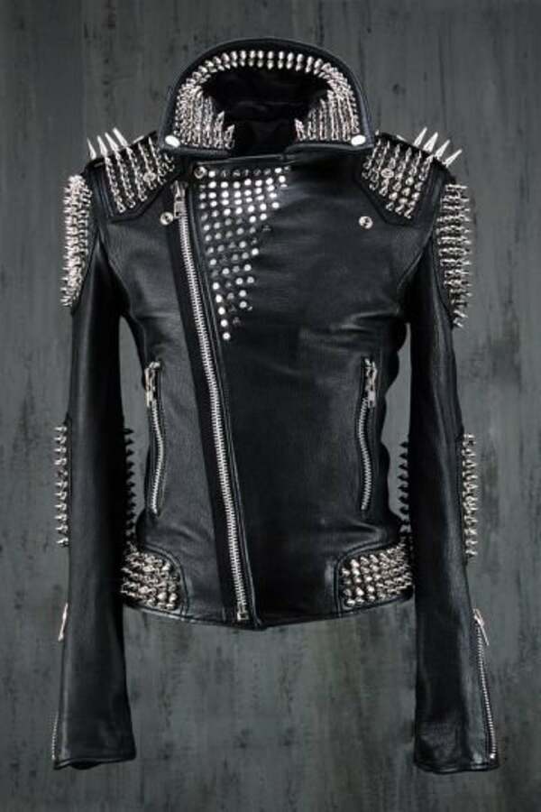 HANDMADE Men Black Punk Silver Long Spiked Studded Leather Jacket