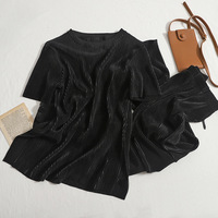 New Style Round Neck T-shirt Top High Waist Split Wide Leg Pants Two Piece Set - Thumbnail 5