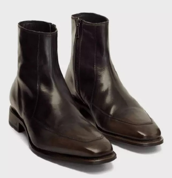 Handmade Mens Dark Brown Square Toe Side Zipper Boot, Real Leather Boots