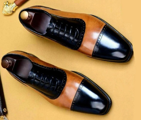 Handmade Men's Tan & Black Two Tone Leather Shoes, Fashion Formal Leather Shoes