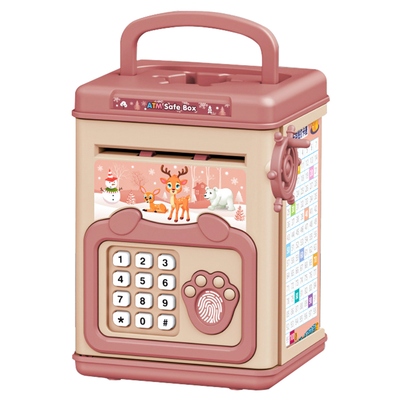 Piggy bank toy cash coin money bank money saving box with password fingerprint voice prompt folding handle for 3  years old boys girls-brown