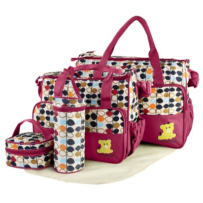 5pcs baby nappy diaper bags set mummy diaper shoulder bags w/ nappy changing pad insulated pockets travel tote bags for mom dad-red