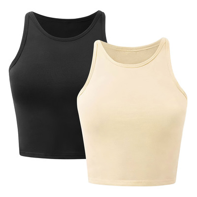 Women sleeveless cropped tank top high neck crop racer back workout top machine washable summer s m l xl 2xl-black-khaki