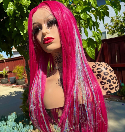 Hot pink with glitter synthetic  lace front wig