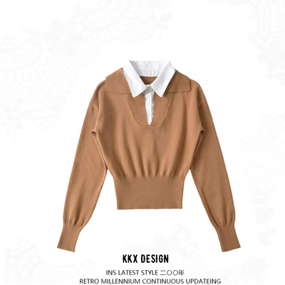 Fake two-piece polo collar stitching contrast color long-sleeved sweater