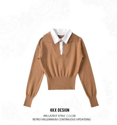 Fake two-piece POLO collar stitching contrast color long-sleeved sweater