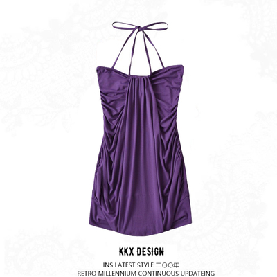 Retro sexy halter neck dress with lace-up pleats irregular hip-wrapped lantern skirt - Thumbnail 4