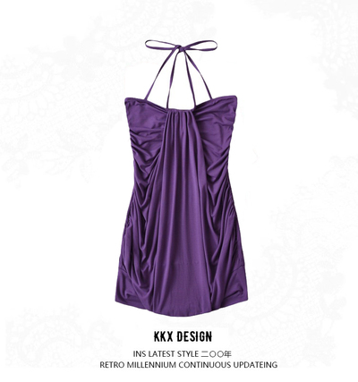 Retro sexy halter neck dress with lace-up pleats irregular hip-wrapped lantern skirt